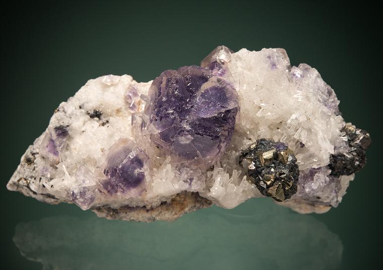 FLUORITE with PYRITE and TETRAHEDRITE on QUARTZ